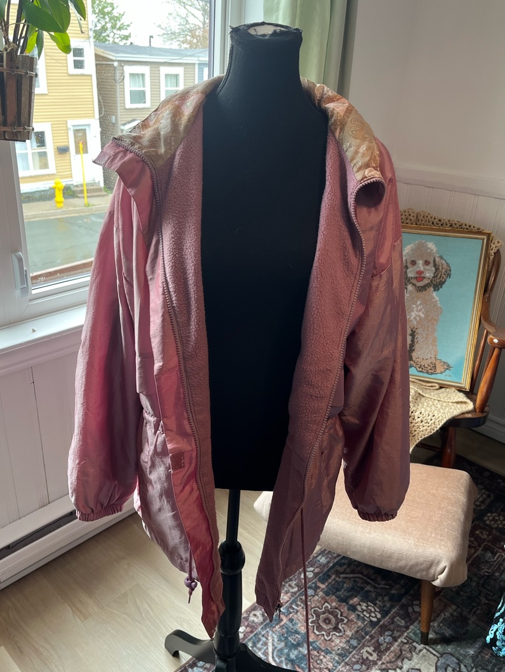 Women’s Vintage Dusty Rose Nylon and Fuzzy Lightweight Hooded Jacket Coat L